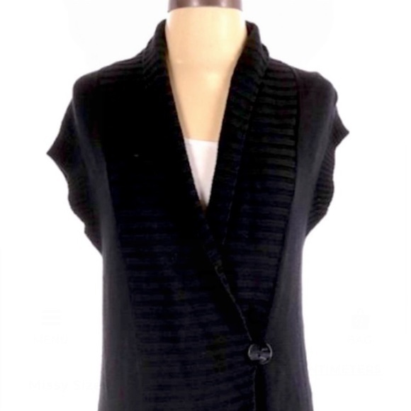 Chico’s 0 (S/4) black v neck tunic length short sleeve 1 button cardigan sweater - Picture 4 of 6